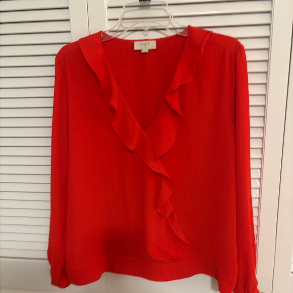 LOFT Vibrant Red Ruffle Blouse